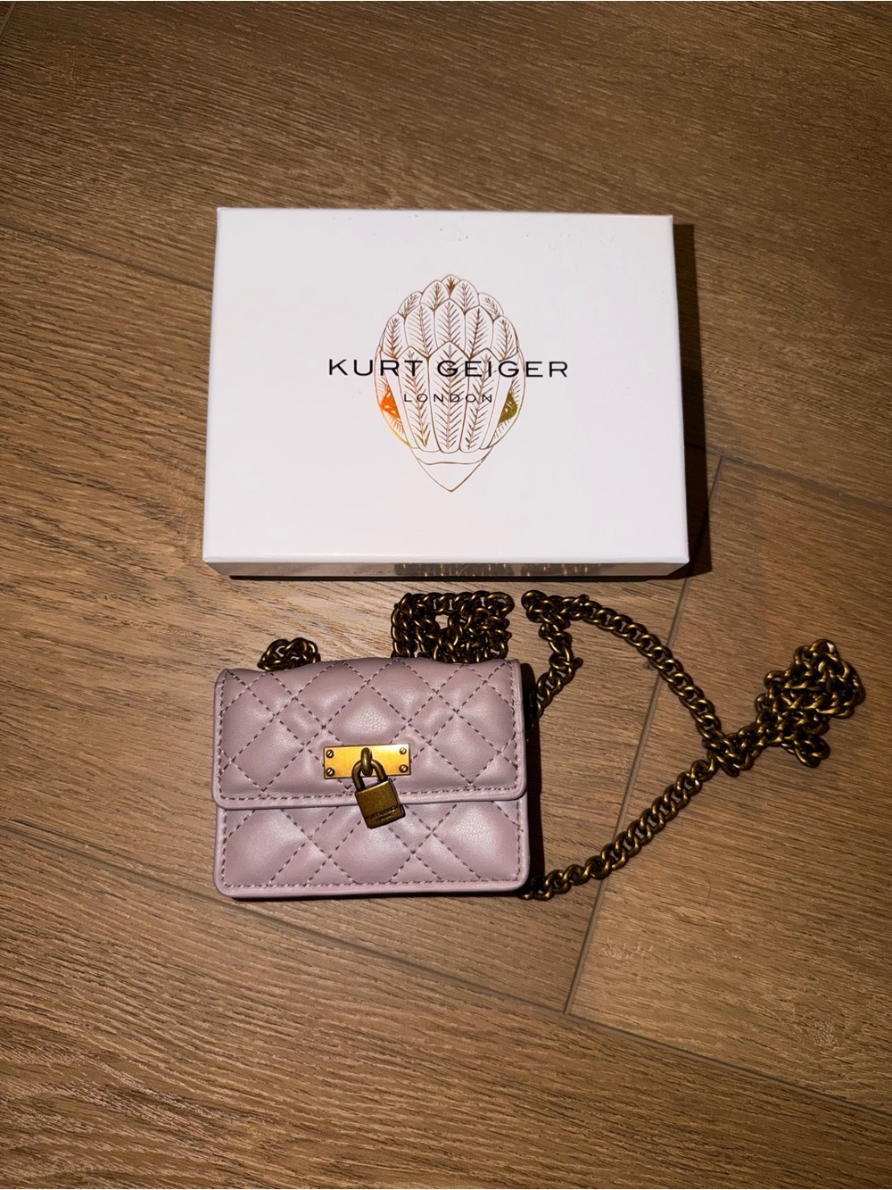 Kurt Geiger Quilted Mini Crossbody Bag in Light Pink with Gold Chain